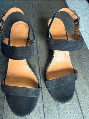 Tory Burch Black Suede Two-Strap Slingback Sandals with Tan Insole